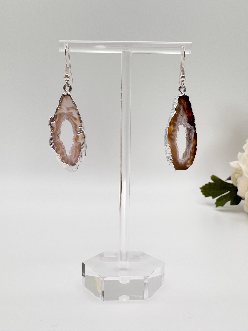 Agate Druzy Geode Slice Drop Earrings Cream Brown‎ Silver Tone Boho